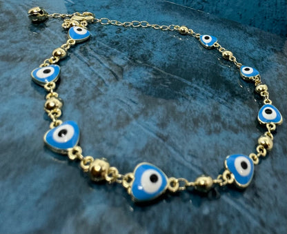Gold and Turquoise Colored Evil Eye Anklet 10"