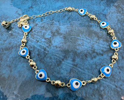 Gold and Turquoise Colored Evil Eye Anklet 10"