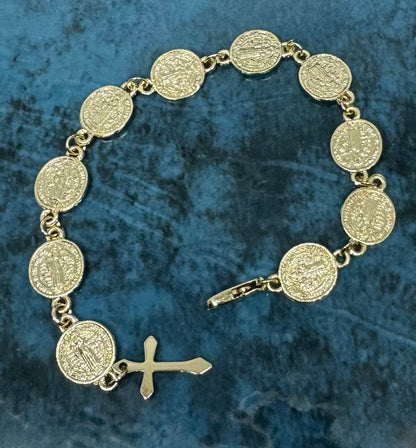Gold San Benito and Crucifix Charm Bracelet