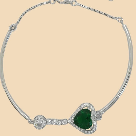 Green Zicron Heart and Sterling Silver Bracelet 7.5"